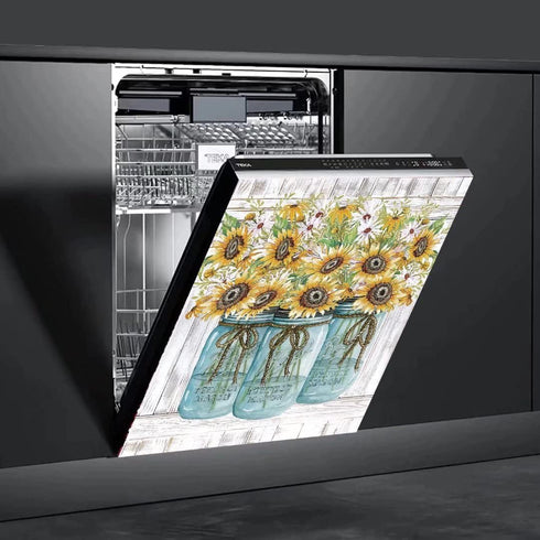 Farm Sunflower Dishwasher Cover Magnet Sticker, Vase Sunflowers Fridge Decal, Farm Style Vinyl Home Appliance Cover