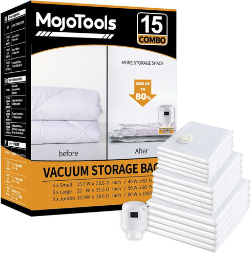 Vacuum Storage Bags with Electric Air Pump, 15 Pack (5 Jumbo, 5 Large, 5 Medium) for Clothes, Blankets, Pillows, Travel