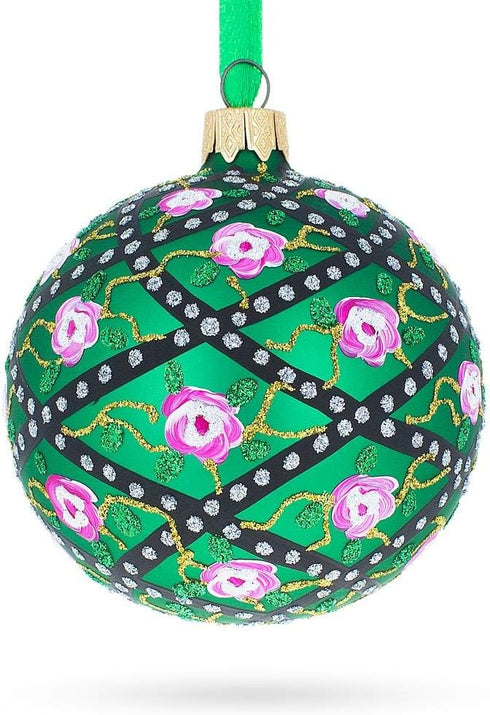 1907 Rose Trellis Royal Egg Green Glass Ball Christmas Ornament, 3.25 Inches