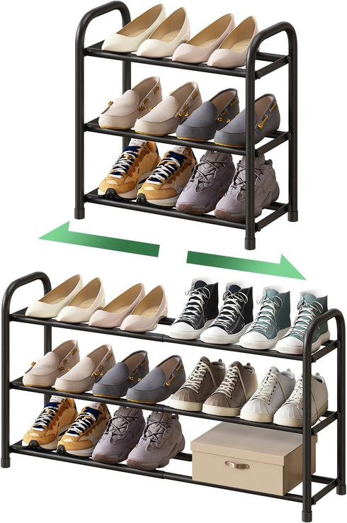 kiplant Shoe Rack for Closet, 3-Tier Expandable Shoe Organizer, Metal Adjustable Black Shoe