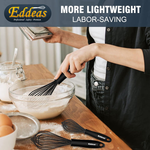 Silicone Whisks for Cooking, 3pcs Black Whisk Set (7+9+11in) - Non Scratch Kitchen Utensils to Protect Ceramics,