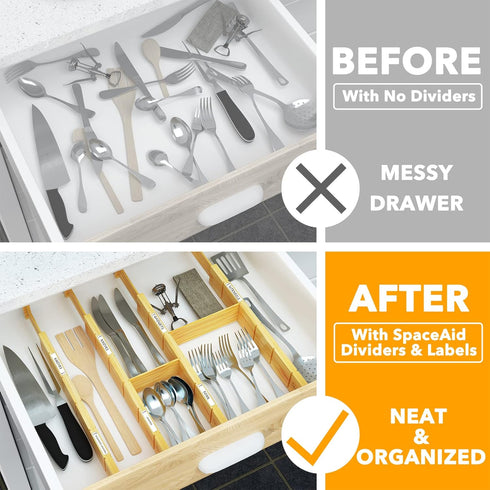 SpaceAid Bamboo Drawer Dividers with Inserts and Labels, Adjustable Kitchen Drawer Organizers, 4 Dividers (17-22 in)