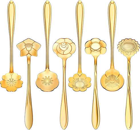 Chengu 8 Pieces Flower Coffee Tea Spoons Stainless Steel Sugar Spoons Set, 8 Different Patterns (Gold)
