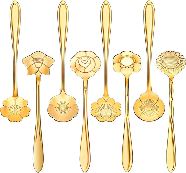 Chengu 8 Pieces Flower Coffee Tea Spoons Stainless Steel Sugar Spoons Set, 8 Different Patterns (Gold)