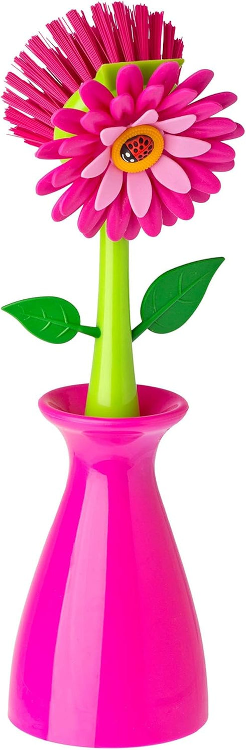 Vigar Flower Power Dish Brush with Handle and Vase Dish Brush Holder, Kitchen Scrub Brush for Pot Scrubber, Dishes