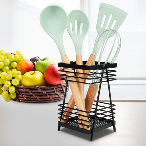 Kitchen Utensil Holder for Countertop, Wall Mounted Heavy-Duty Metal Organizer, Matte Black Design for Cooking Utensils