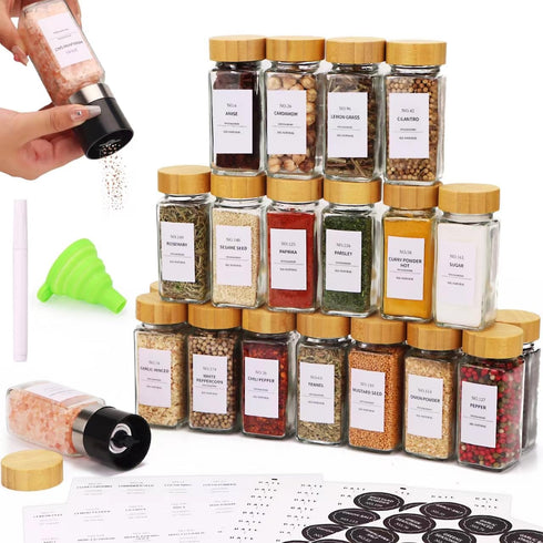 24-Pack Glass Spice Jars with Bamboo Lids, 4 Oz Clear Square Spice
