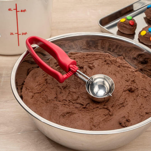Restaurantware Comfy Grip 1.8 Ounce Portion Scoop: Ambidextrous Stainless Steel Disher with Ergonomic Handle
