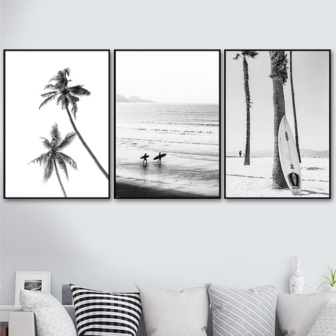 VLOLIFE Black and White Coastal Surfing Landscape Posters and Prints, Unframed Canvas Painting Home Decor 16X24inchX3