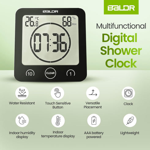 BALDR Digital Shower Clock with Timer - Black, Water-Resistant Countdown Timer Clock for Shower, Bathroom