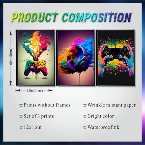 MUWAK Gaming Room Decor Wall Art Set of 3, Video Gaming Controller Canvas Poster for Boys Room