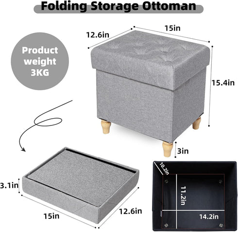 15"x12.6"x15.4 CAROLMADE Folding Storage Ottoman Cube Linen Footstool with Wood Legs Ottoman Footrest for Living Room