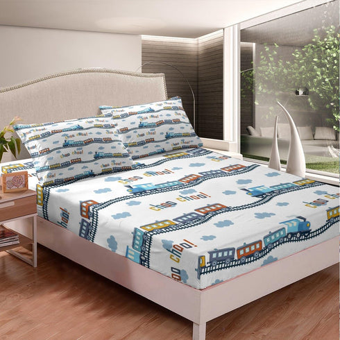 Set 2Pcs Sheet,1 Colorful Train Bedding Twin Size Cartoon Car Fitted Sheet Blue Train Tracks Cloud Bed Sheet for Kids