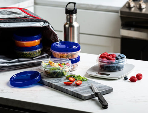 Elegant Disposables Twist Top Deli Containers, Reusable Stackable Food Storage Containers with Blue Screw on Lid - 10