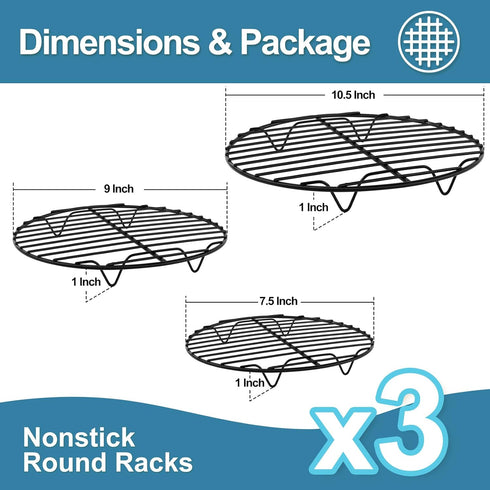 P&P CHEF Round Cooking Cooling Rack, 3 Sizes - 7.5” & 9” & 10.5”, Round Baking Racks Stainless Steel, Fit Air Fryer & Pot, Oven Safe & Non-stick, Black