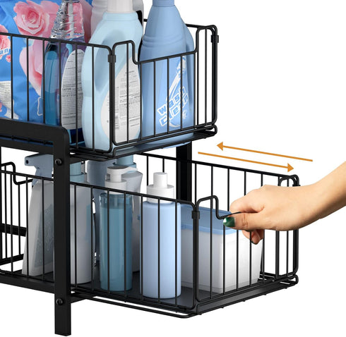 NPPLUS 2-Tier Under Sink Organizer - Iron Cabinet Organizers with Sliding Drawer for Bathroom Kitchen Desktop (Black)