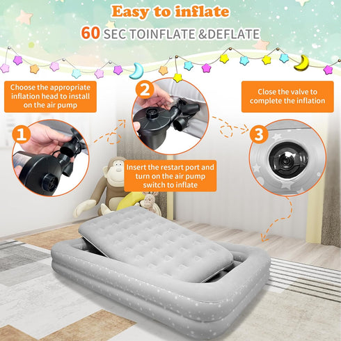 EQURROY 4-7 Air Mattress for Kids Years - Toddler Travel Bed with Built-in Pump, Sides for Safety, Ultra Soft Plush