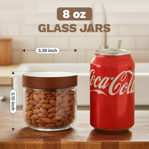16oz+8oz 8-Pack Bumobum Overnight Oats Containers with Lids, Glass Mason Jars with Acacia Wood Airtight Lid, Wide Mouth
