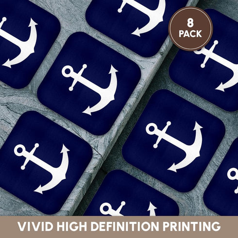 3dRose Navy Blue and White Nautical Anchor Design Soft Coasters, Set of 8