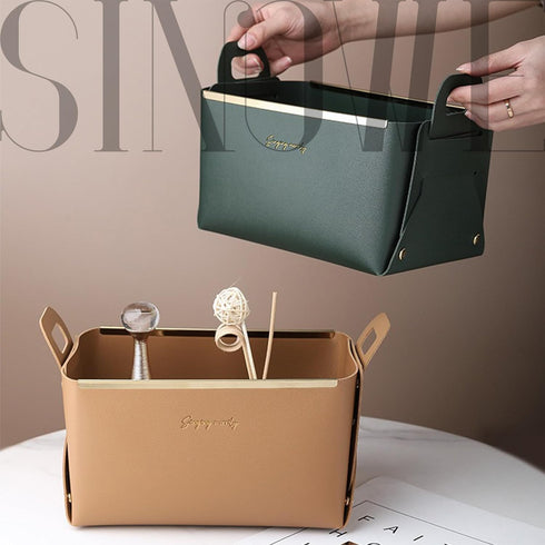 Decorative Faux Leather Basket,Small Catchall Basket for Entryway Bedside Dresser End table,Foldable Rectangle Tray