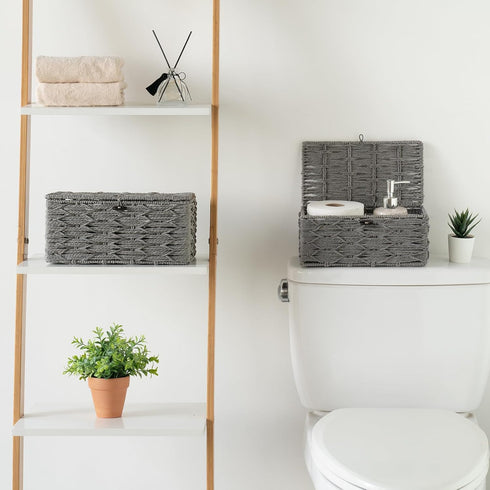 Mkono Storage Baskets Bin with Lid, Decorative Handwoven Organizer for Shelves, Set of 2, Grey