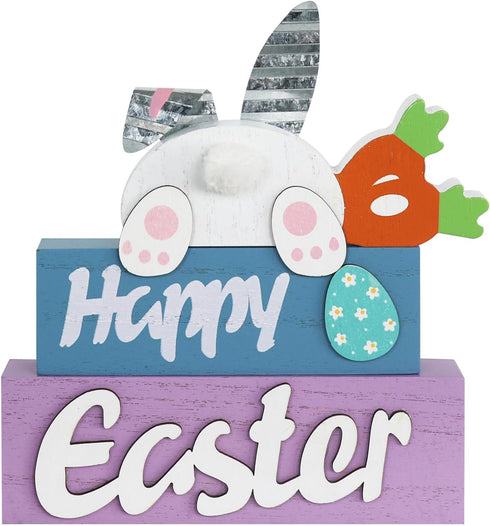 Easter Decorations, MEETYAMOR 3-Layered Easter Bunny with Carrots Farmhouse Wood Block Easter