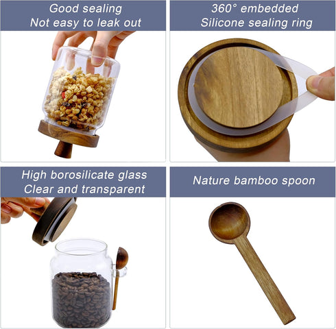 Taefaba Spoon,17 OZ Spice Jars Overnight Oats Containers with Airtight Lid and Wooden Glass Food Storage Canisters