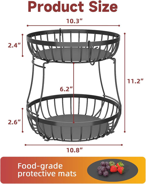 2 Counter 2 Counter Sevenblue Tier Large Fruit Basket for Kitchen with Banana Hangers, Metal Stackable Fruit Bowl
