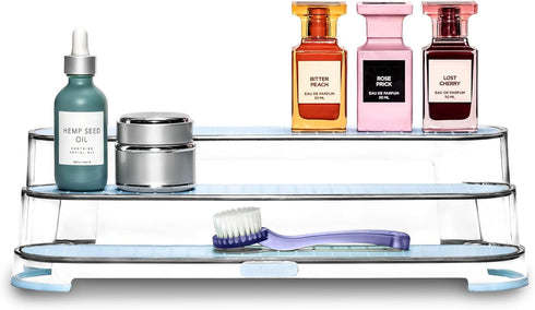 madesmart Clear Shelf Organizer - Lt. Grey, 3-Tier Cabinet or Countertop Organizer, Soft-Grip Lining and Non-slip Feet,