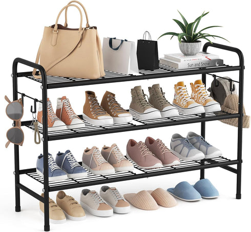 VILICK 3 Tier Shoe Rack 33" Wide Metal Shoe Organizer Long Shoe