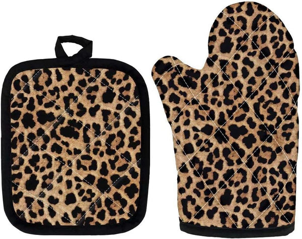 Dellukee Oven Mitt and Pot Holder Set, Leopard Print Heat Resistant Kitchen Gloves for Baking Cooking Grilling BBQ