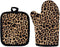 Dellukee Oven Mitt and Pot Holder Set, Leopard Print Heat Resistant Kitchen Gloves for Baking Cooking Grilling BBQ