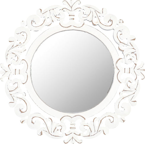 Round Wall Mirror, Hand Carved Rustic Farmhouse Accent Mirror, 14x14 Inch White Antique Entry Mirror for Bathroom
