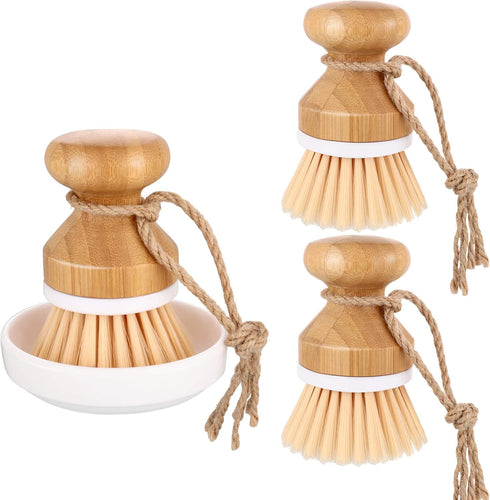Boao 3 Pieces Bamboo Dish Scrub Brush and 1 Holder Natural Wooden
