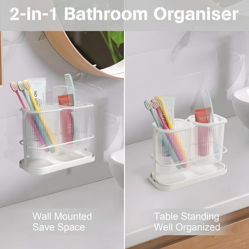 White Toothbrush Holders for Bathrooms, Wall Mounted with 2 Cup, Dry & Wet Separation, Bathroom Countertop Organizer Set