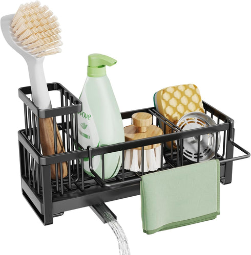 SWTYMIKI Kitchen Sink Sponge Holder - Self-draining Caddy with Brush Holder, Stainless Steel Countertop Organizer
