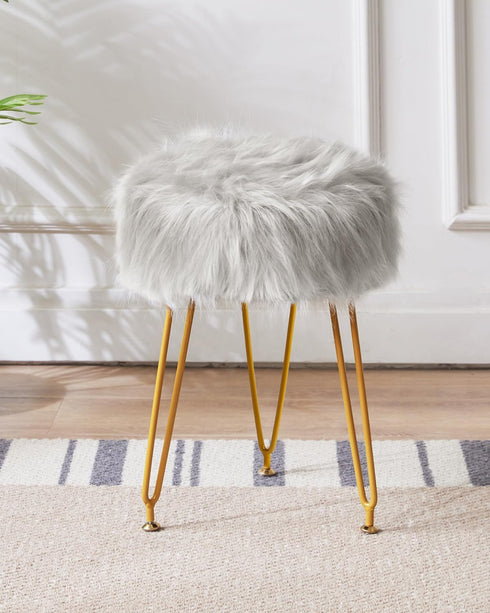 4 LG-32G IBUYKE Faux Fur Vanity Stool Chair, Furry Makeup Stool Ottoman, Soft Padded Seat, Round Footrest Footstools