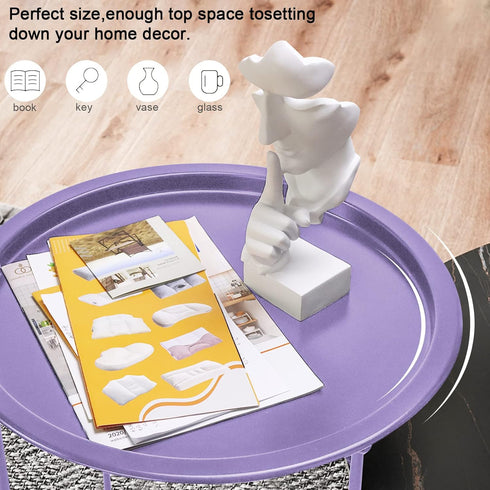 4 Garden you End Table Metal Side Table Purple Round Folding Tray Cyan Sofa Small Accent Fold-able Table, Round End