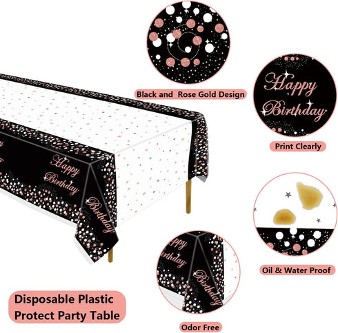 3 Pack Black and Rose Gold Tablecloths, Plastic Disposable Birthday Decorations, Rectangle Table Cover 51"x86" for