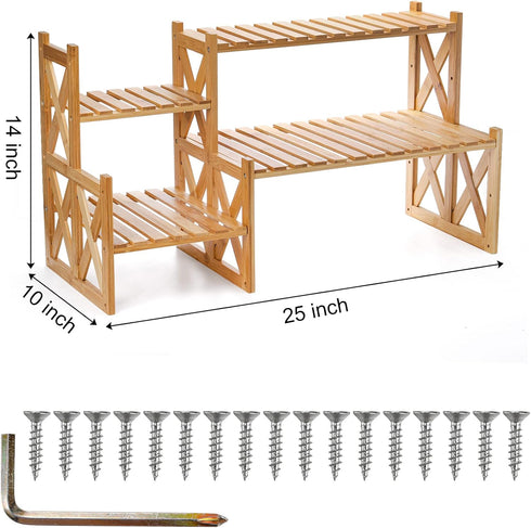 2 Lawei Tier Bamboo Tabletop Plant Stand, Adjustable Flower Pot Holder Shelf Planter Display Stand, Small Desktop