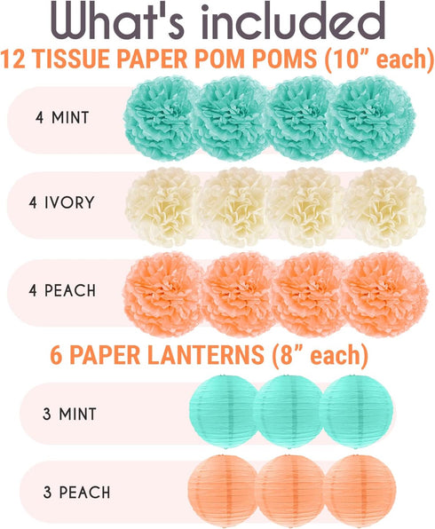EpiqueOne 22-Piece Party Set - Tissue Paper Pom Poms in Mint, Ivory & Peach | Includes 12 Pom Poms, 6 Lanterns, 3