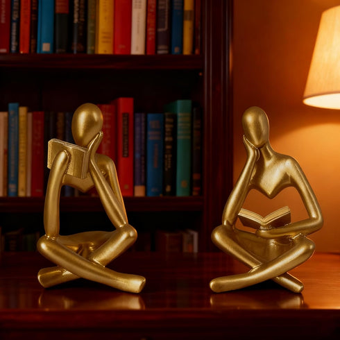 Set 2 of Gold Reading Women Statues, Thinker Sculptures Abstract Art Figurines, Modern Aesthetic Gold Statue Decor