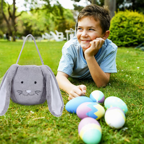 XinblueCo Plush Easter Bunny Basket, Personalized Egg Hunting Tote Bags with Long Plush Ears for Easter Decorations