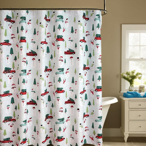 Shower Curtain Polyester, Christmas Red Truck Car Print with Trees, 70 x 70 Inch
