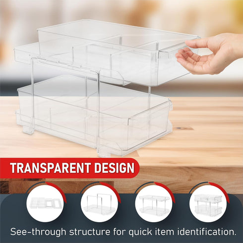 Masirs 2-Tier Clear Pull-Out Drawer Organizer, Compact Makeup and Closet Organizer, Easy Assembly Kitchen Storage