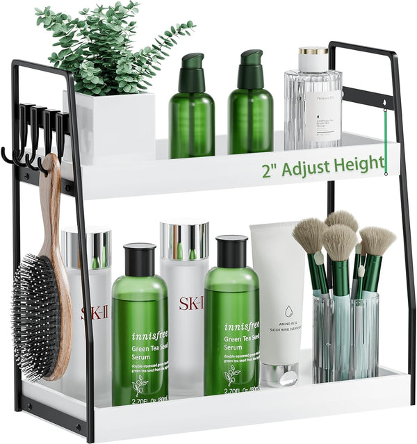 VITVITI 2-Tier Bathroom Organizer Countertop, Wood Storage Shelf with Hooks for Bathroom Corner Sink Vanity, White