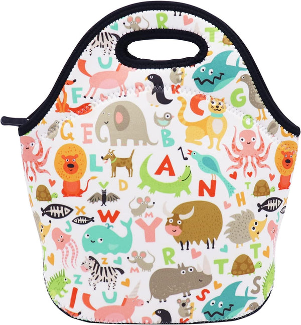 Neoprene Lunch Bag for Kids, Insulated Tote for Women, Men, Teens, Boys, Girls (Alphabet Animals)