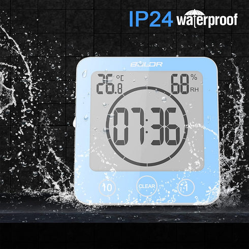 Digital Bathroom Shower Wall Clock Timer, LCD Waterproof Touch Screen Timer with Suction Temperature Humidity Gauge