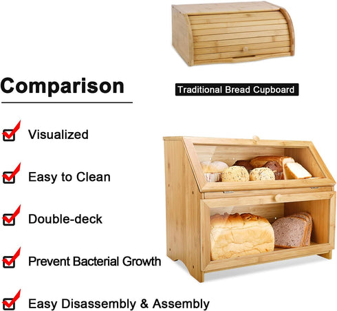 Counter, HOMEKOKO Double Layer Large Bread Box for Kitchen Wooden Large Capacity Bread Storage Bin (Natural Bamboo)