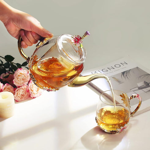 35OZ Luka Tech Enamel Glass Flower Teapot With Removable Loose Tea Leaf Infuser Tea Maker,Gifts For Women,Mom,Mothers
